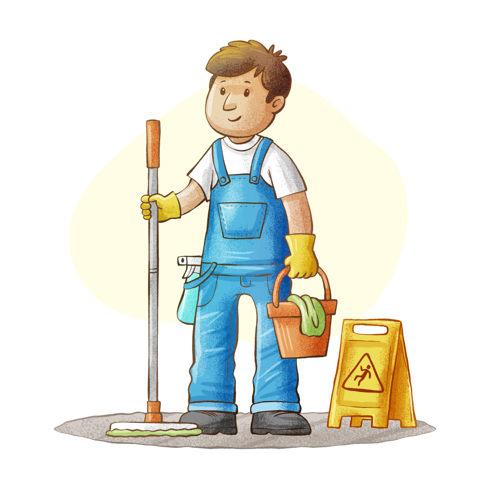Hand drawn cleaning person cartoon illustration